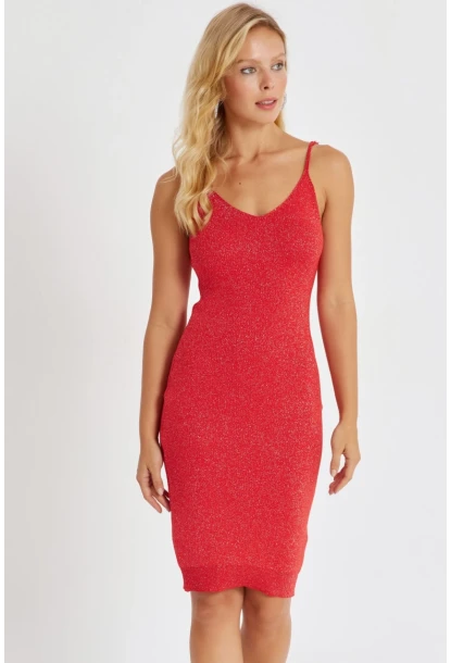 Kadın Kırmızı Simli Midi Elbise YZ525