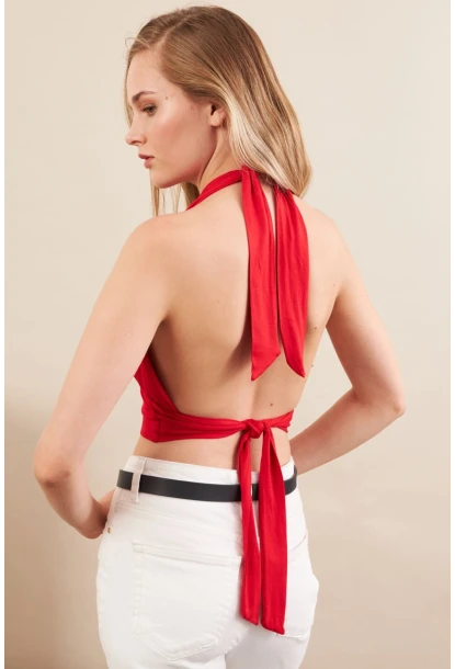 Kadın Kırmızı Sırt Ve Boyun Bağlamalı Bluz EY1472