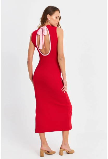 Kadın Kırmızı Sırtı Açık Kaşkorse Midi Elbise EY3064