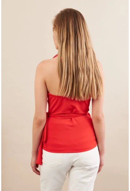 Kadın Kırmızı Sırtı Açık Kruvaze Bluz Ey3095