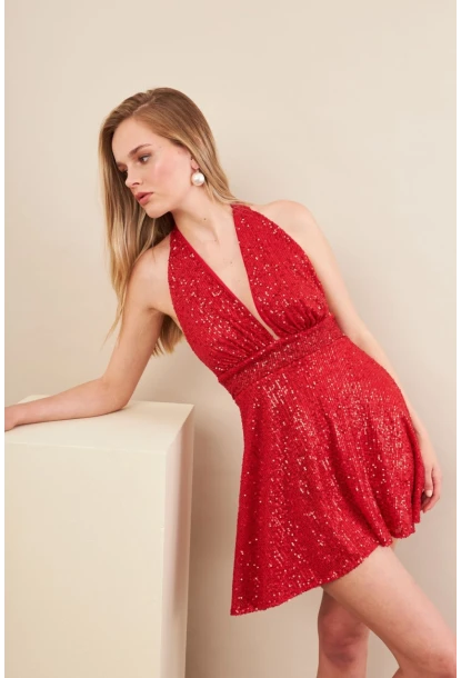 Kadın Kırmızı Sırtı Açık Payetli Astarlı Mini Elbise DCF046
