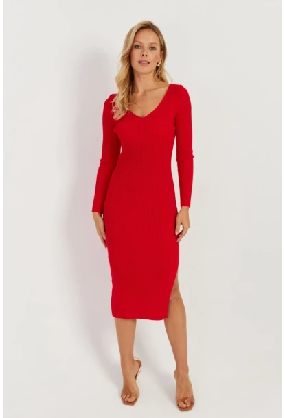 Kadın Kırmızı Sırtı Çapraz Triko Midi Elbise YZ407