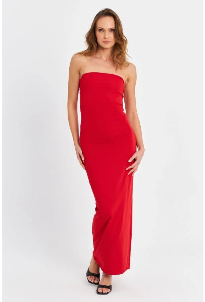 Kadın Kırmızı Straplez Yırtmaçlı Midi Elbise XC005