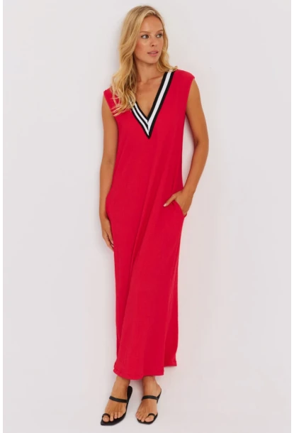 Kadın Kırmızı V Yaka Bloklu Maxi Elbise EY2779