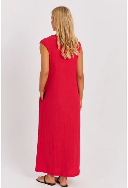 Kadın Kırmızı V Yaka Bloklu Maxi Elbise EY2779