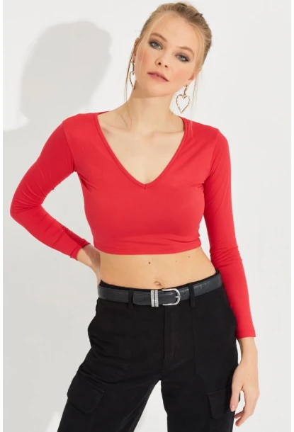 Kadın Kırmızı V Yaka Crop Bluz LPP1241