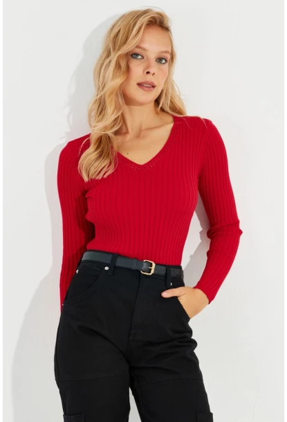 Kadın Kırmızı V Yaka Fitilli Triko Bluz SMT216