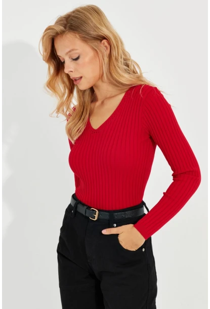Kadın Kırmızı V Yaka Fitilli Triko Bluz SMT216