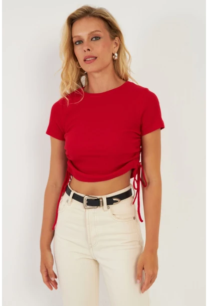 Kadın Kırmızı Yanları Büzgülü Kaşkorse Bluz AYD355