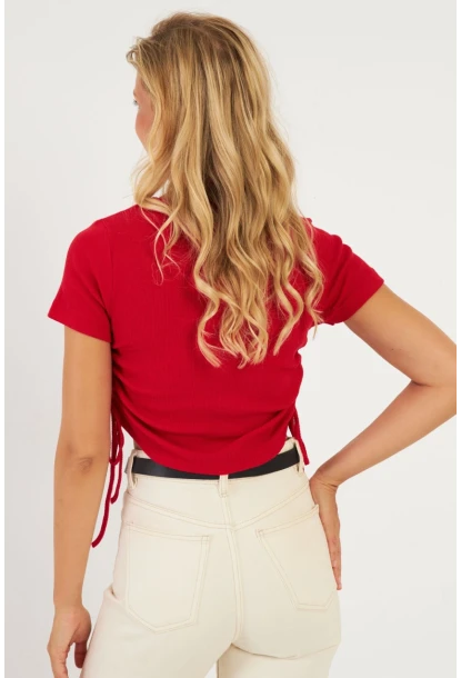 Kadın Kırmızı Yanları Büzgülü Kaşkorse Bluz AYD355