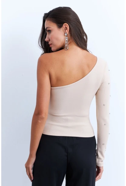 Kadın Krem Taşlı Tek Kol Crop Bluz HOL2