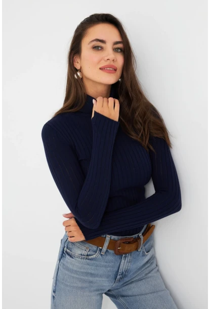 Kadın Lacivert Balıkçı Yaka Triko Bluz MYV102-90