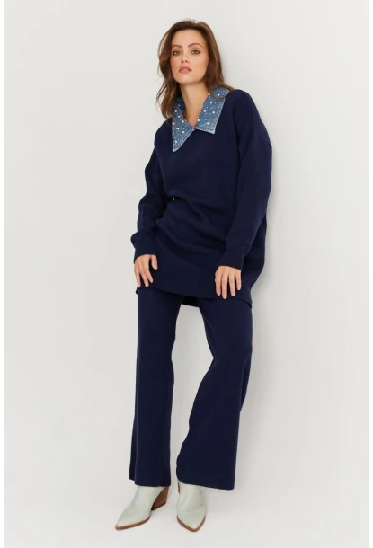 Kadın Lacivert Denim Yakalı İncili Alt Üst Triko Takım MNUV22