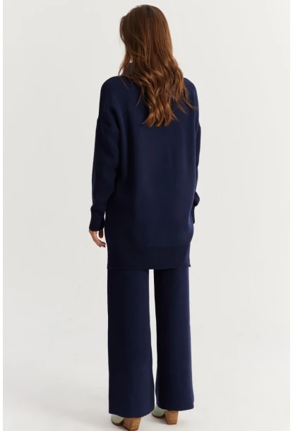 Kadın Lacivert Denim Yakalı İncili Alt Üst Triko Takım MNUV22