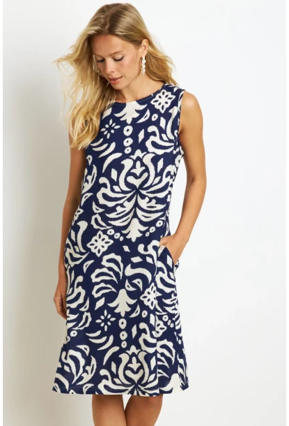 Kadın Lacivert Desenli Cepli Midi Elbise YZ1059