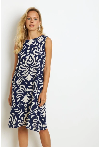 Kadın Lacivert Desenli Cepli Midi Elbise YZ1059