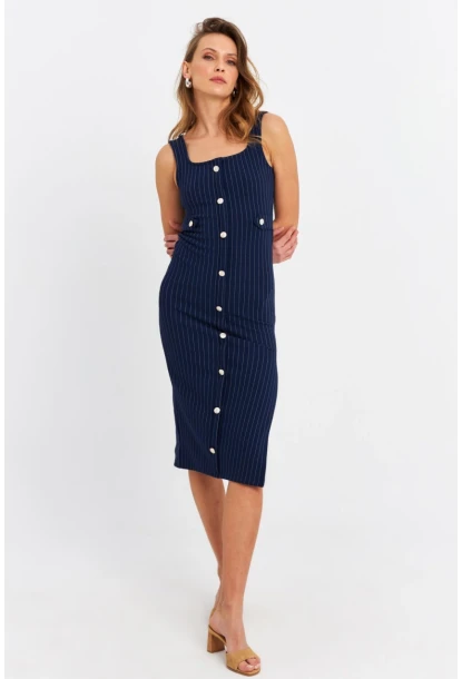 Kadın Lacivert Düğme Aksesuarlı Çizgili Midi Elbise SDY1253