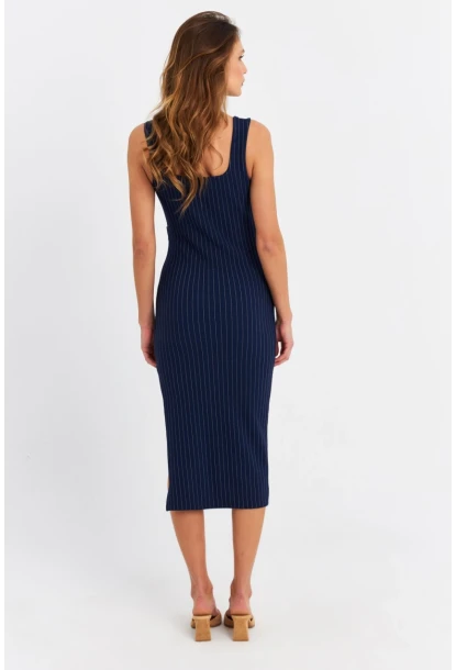 Kadın Lacivert Düğme Aksesuarlı Çizgili Midi Elbise SDY1253