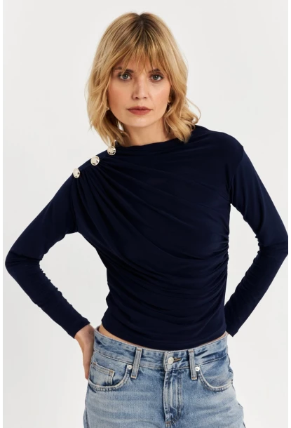 Kadın Lacivert Düğme Detaylı Büzgülü Bluz LPP1223-1