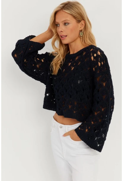 Kadın Lacivert İspanyol Kol Ajurlu Triko Bluz MİW0761