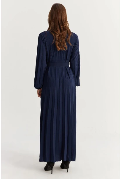 Kadın Lacivert Kemerli Plili Maxi Elbise ALZ500