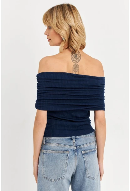 Kadın Lacivert Kolsuz Madonna Yaka Bluz TF51