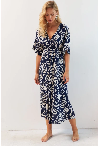Kadın Lacivert Kruvaze Desenli Midi Elbise YZ1152