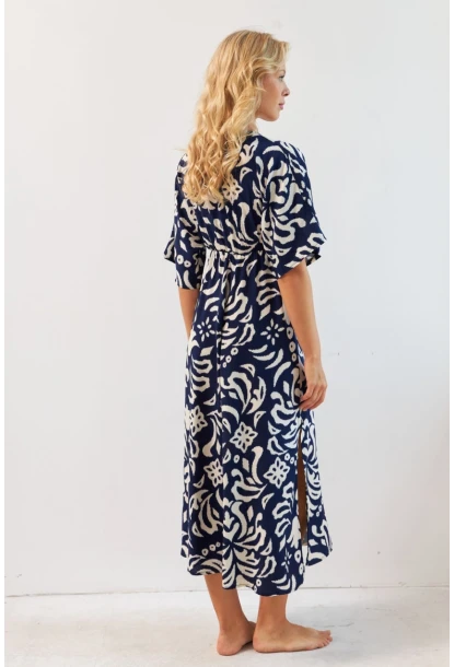 Kadın Lacivert Kruvaze Desenli Midi Elbise YZ1152