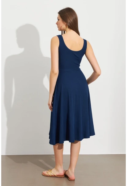Kadın Lacivert Ön Arka U Çan Etekli Midi Elbise DMR470