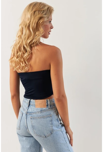 Kadın Lacivert Önü Büzgülü Crop Bluz MON138