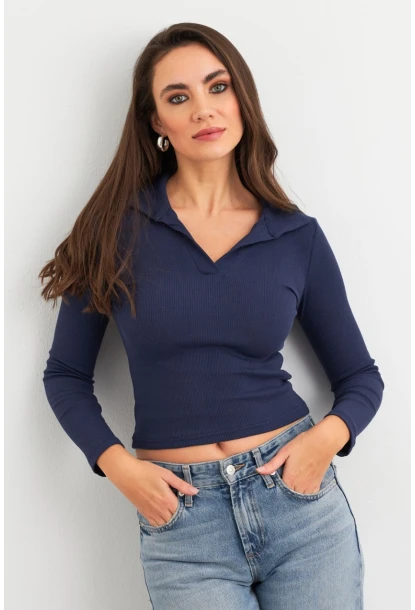Kadın Lacivert Polo Yaka Kaşkorse Bluz LON3006