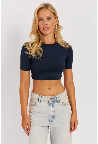 Kadın Lacivert Sırt Dekolteli Crop Bluz CY450