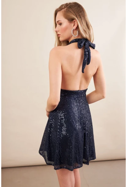 Kadın Lacivert Sırtı Açık Payetli Astarlı Mini Elbise DCF046