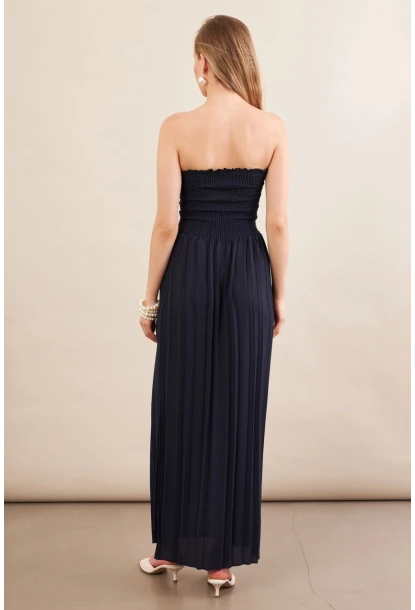 Kadın Lacivert Straplez Yaka Midi Elbise MSİ100