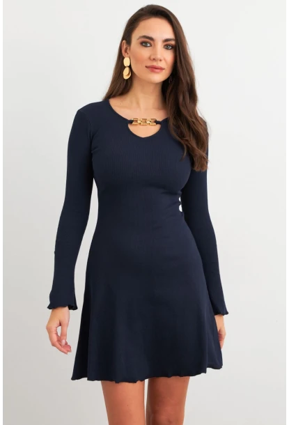 Kadın Lacivert Yakası Aksesuarlı Mini Elbise FRY2267