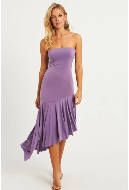Kadın Lila Straplez Asimetrik Midi Elbise DMR337