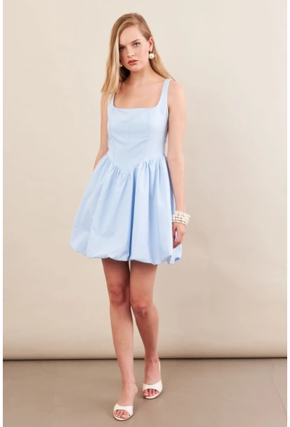 Kadın Mavi Askılı Mini Balon Elbise ERL105