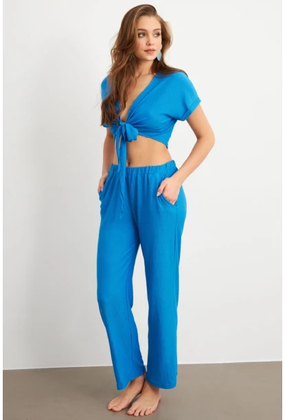 Kadın Mavi Bağlamalı Bürümcük Takım Q1012