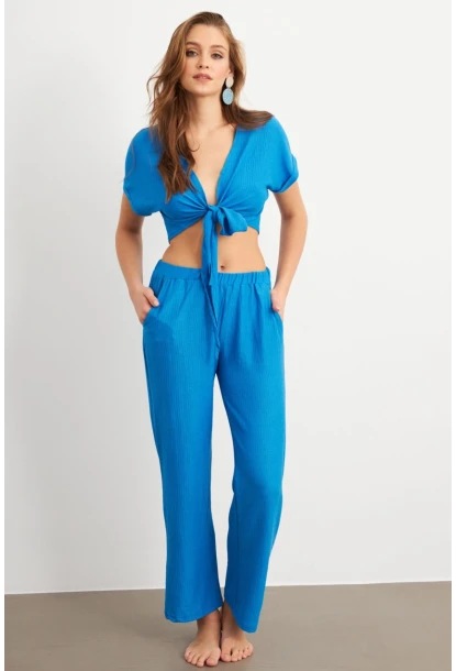 Kadın Mavi Bağlamalı Bürümcük Takım Q1012