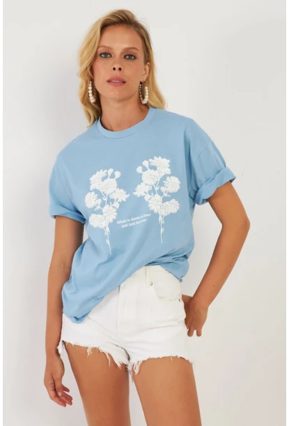 Kadın Mavi Baskılı T-Shirt AYD362
