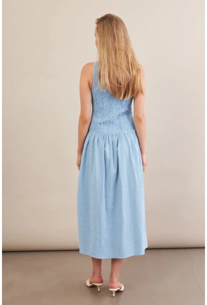 Kadın Mavi Beli Lastikli Gipeli Midi Elbise ZH130