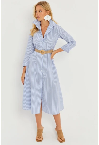 Kadın Mavi Çizgili Midi Gömlek Elbise PP5515