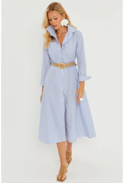 Kadın Mavi Çizgili Midi Gömlek Elbise PP5515