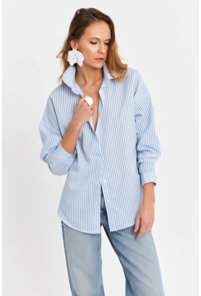 Kadın Mavi Çizgili Oversize Gömlek ZER420