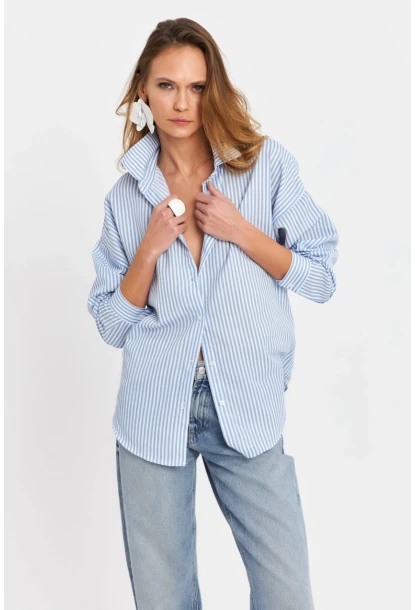 Kadın Mavi Çizgili Oversize Gömlek ZER420