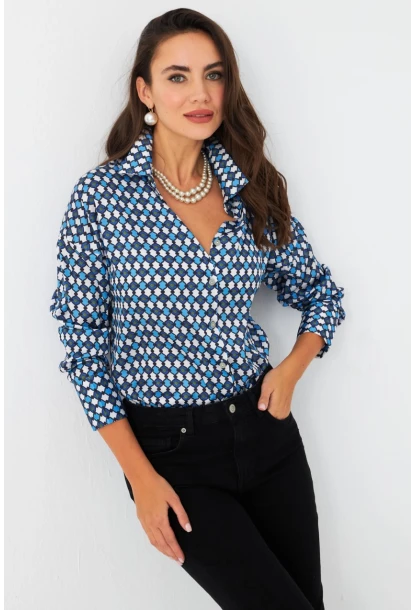 Kadın Mavi Desenli Saten Gömlek SHR9