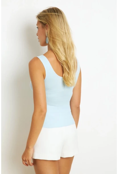 Kadın Mavi Düğme Aksesuarlı Bluz MK14