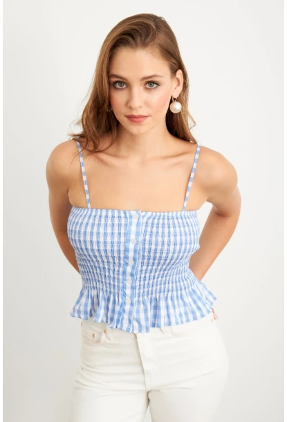 Kadın Mavi Ekose Lastikli Crop Bluz MTK13397