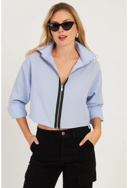 Kadın Mavi Fermuarlı Kısa Gömlek SF2541
