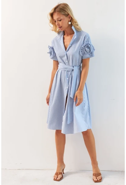 Kadın Mavi Gül Detaylı Midi Gömlek Elbise SF12812